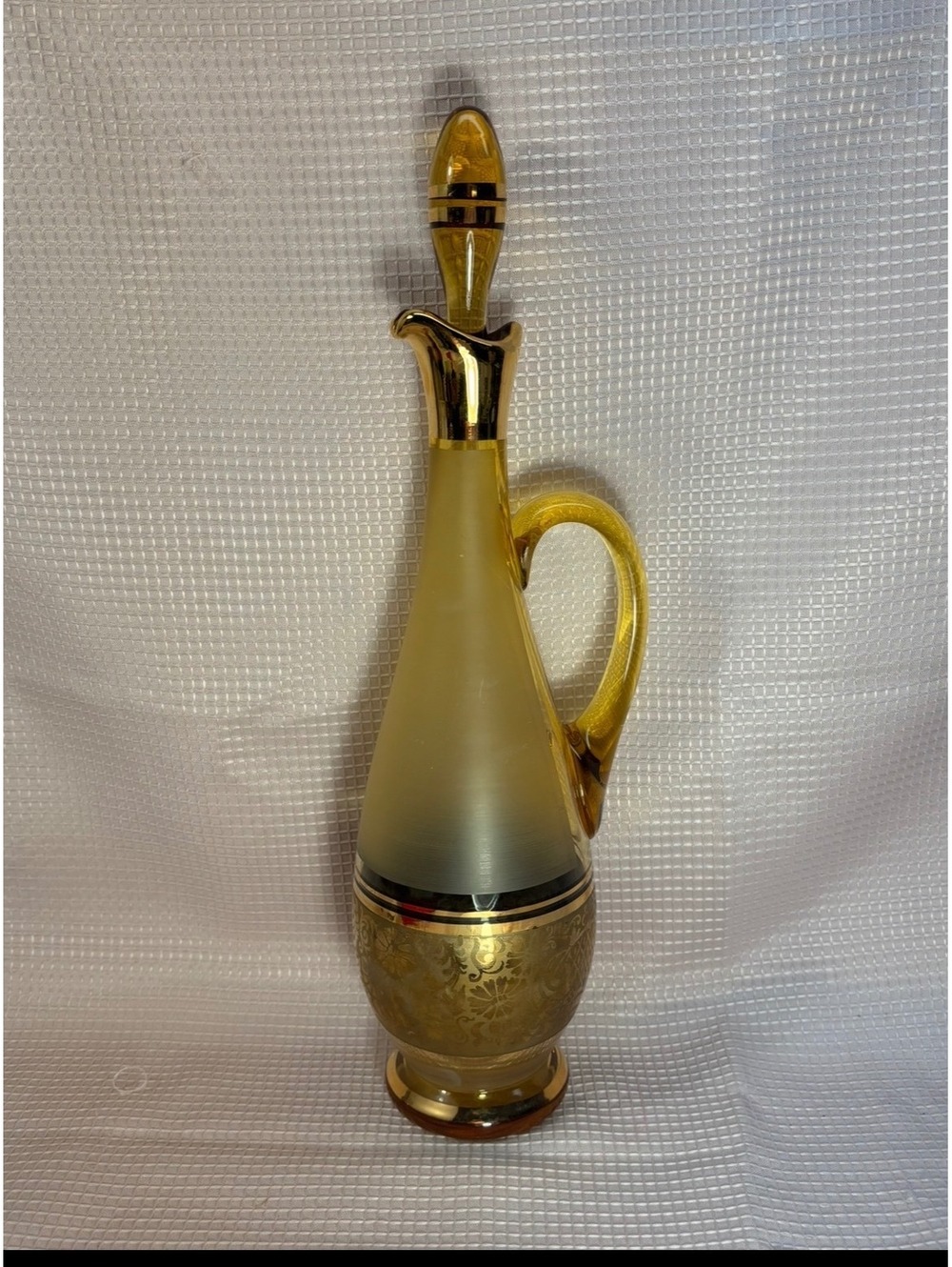 12 - MCM Bohemian amber frosted glass decanter & gold gilding matching stopper